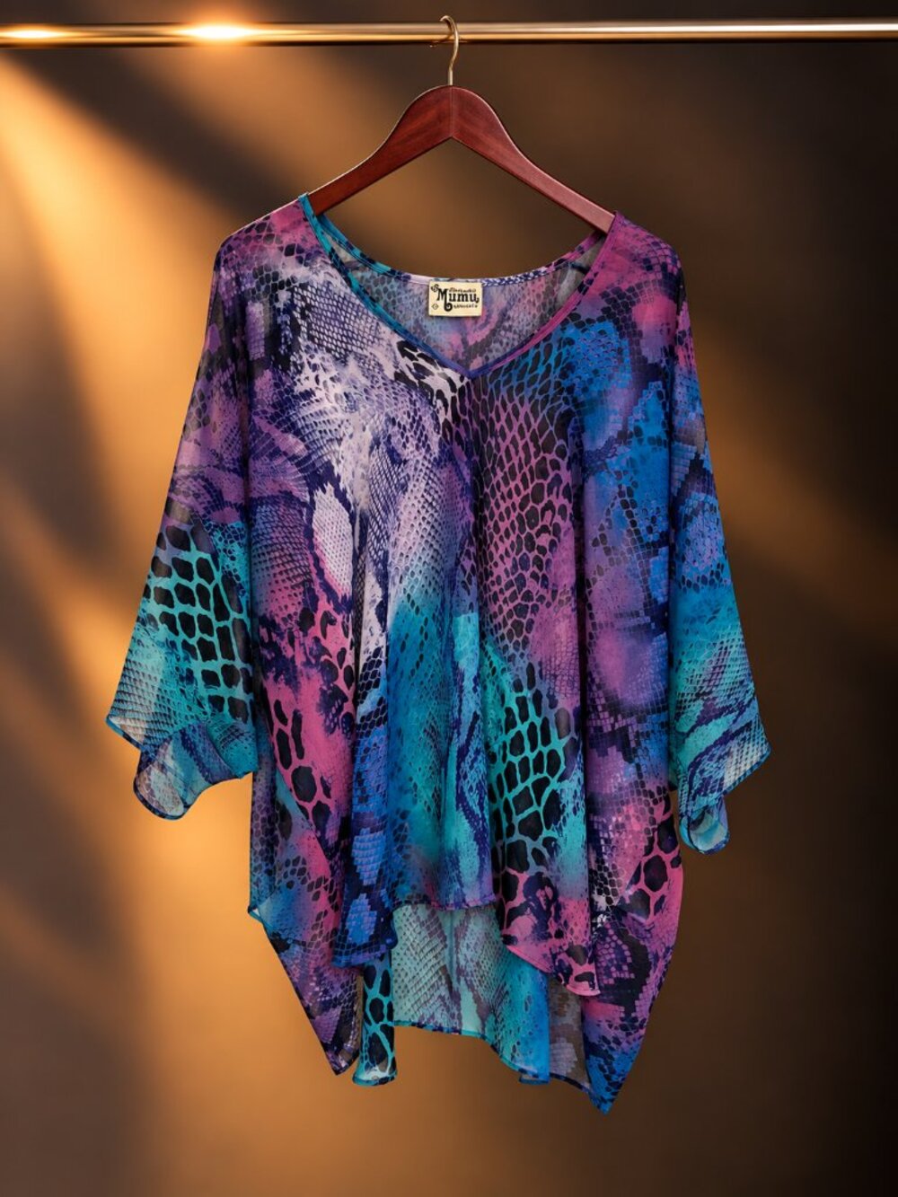 Show Me Your Mumu Purple Teal Snake Print Sheer Oversized Tunic Top Size S